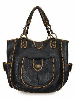 Vintage Eileen West Y2K Black Leather Whipstitch Boho Tote Bag Western